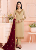 Indian Clothes - Beige And Red Traditional Embroidered Pant Style Suit