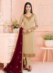 Indian Clothes - Beige And Red Traditional Embroidered Pant Style Suit