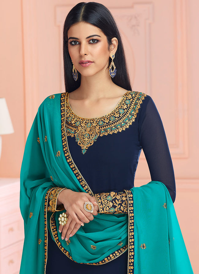 Blue And Turquoise Traditional Embroidered Pant Style Suit, Salwar Kameez