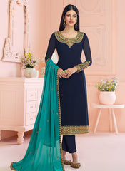 indian Clothes - Blue And Turquoise Traditional Embroidered Pant Style Suit