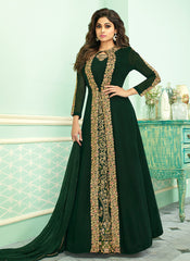 Indian Clothes - Dark Green Embroidered Jacket Style Anarkali Suit