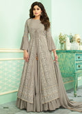 Indian Clothes - Grey Embroidered Jacket Style Anarkali Suit