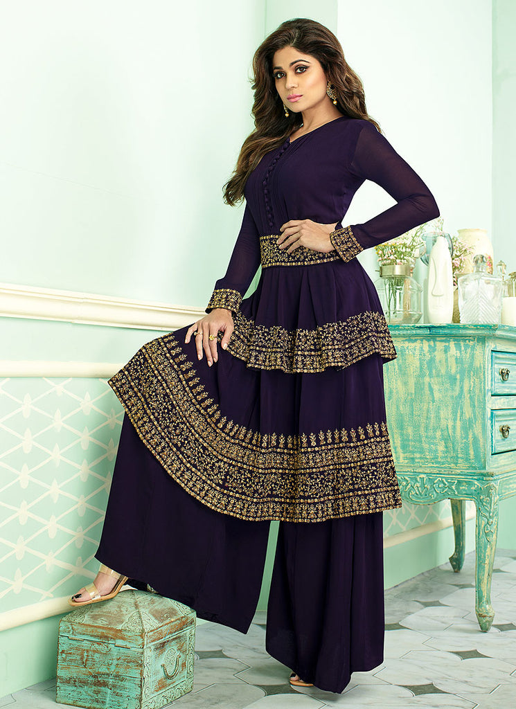 Navy Blue Embroidered Layered Style Palazzo Suit, Salwar Kameez