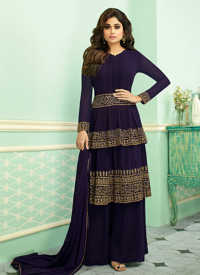 Indian Clothes - Navy Blue Embroidered Layered Style Palazzo Suit