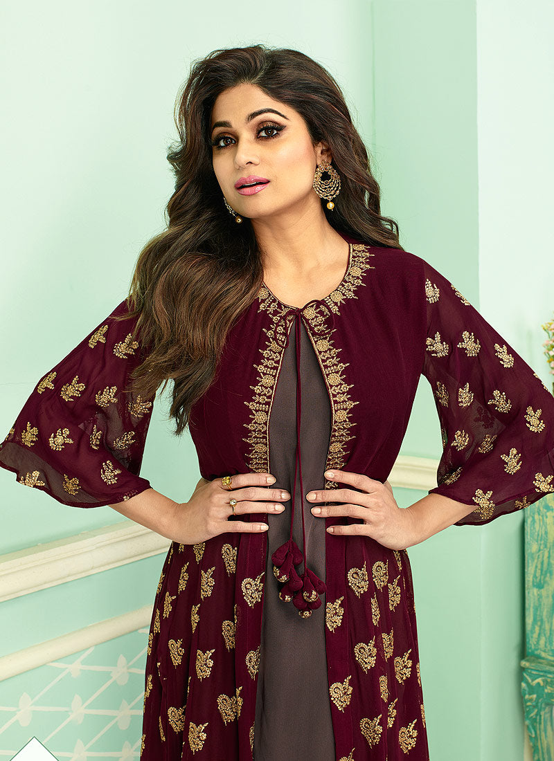 Maroon And Mauve Embroidered Jacket Style Palazzo Suit. Salwar Kameez