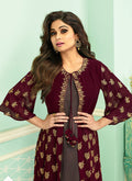 Maroon And Mauve Embroidered Jacket Style Palazzo Suit. Salwar Kameez