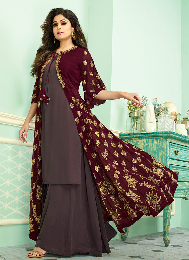 Maroon And Mauve Embroidered Jacket Style Palazzo Suit
