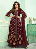 Indian Clothes - Maroon And Mauve Embroidered Jacket Style Palazzo Suit