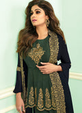 Green And Blue Embroidered Jacket Style Palazzo Suit, Salwar Kameez