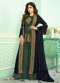 Indian Clothes - Green And Blue Embroidered Jacket Style Palazzo Suit