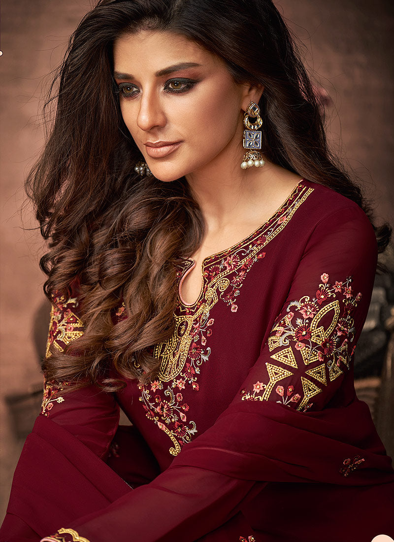Indian Dresses - Red Multi Embroidered Pant Style Suit 