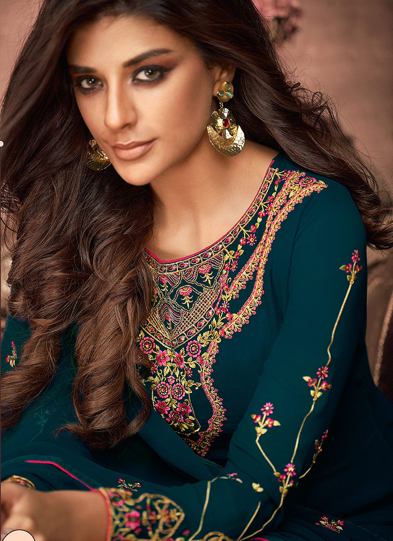 Indian Clothes - Rama Green Multi Embroidered Pant Style Suit,Salwar Kameez