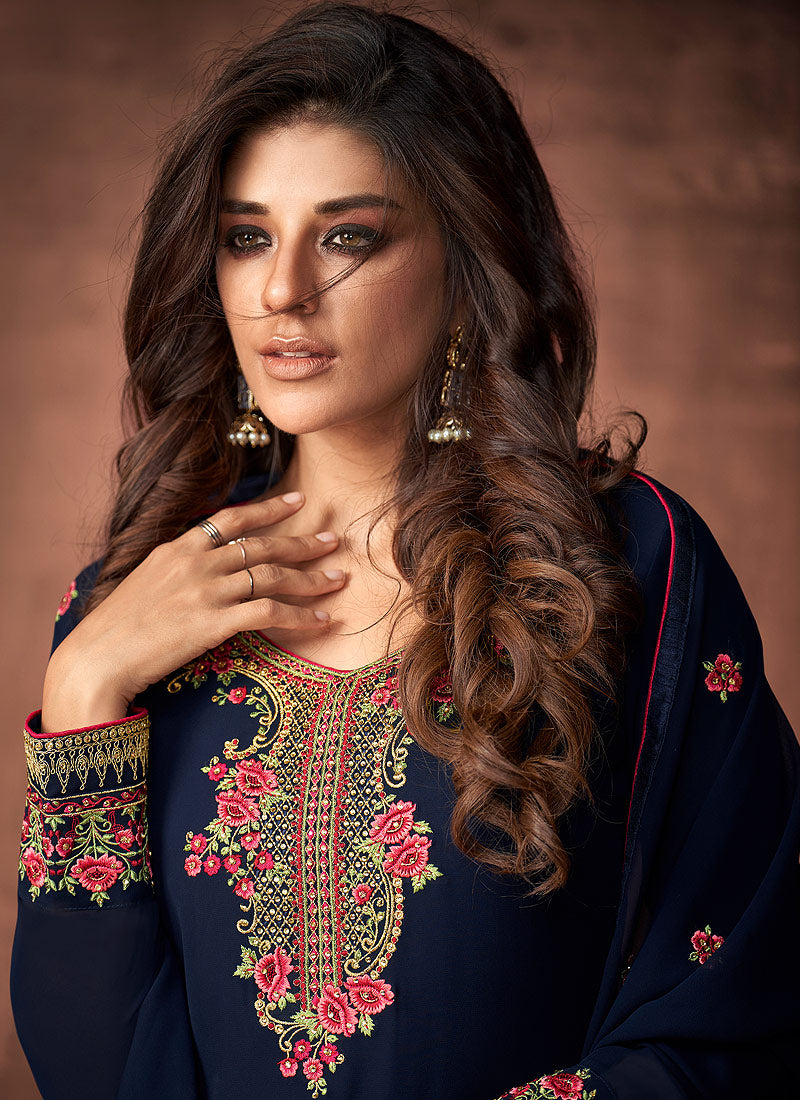 Indian Clothes - Navy Blue Multi Embroidered Pant Style Suit,Salwar Kameez
