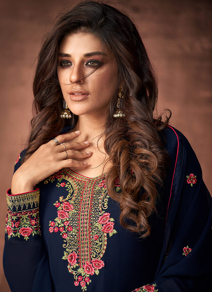 Indian Clothes - Navy Blue Multi Embroidered Pant Style Suit,Salwar Kameez