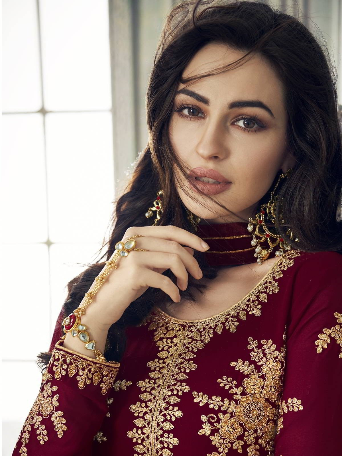 Maroon And Peach Layered Anarkali Pant Suit