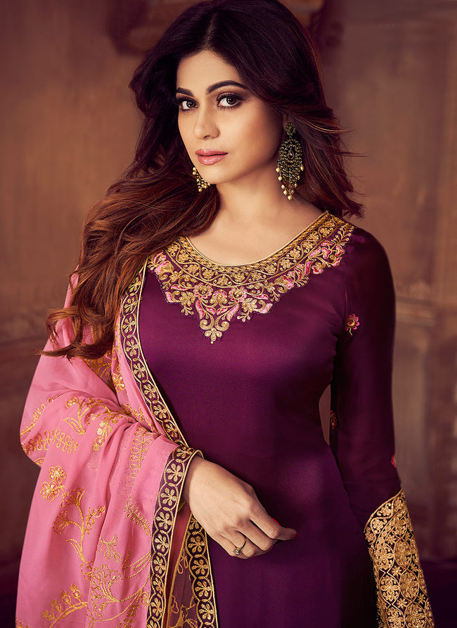Purple And Pink Embroidered Palazzo Suit