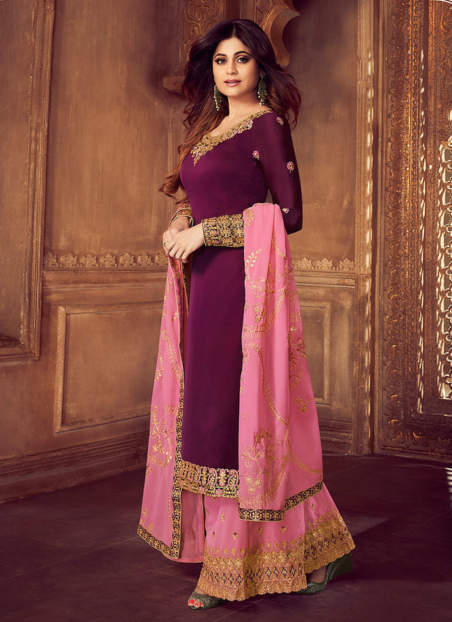 Purple And Pink Embroidered Palazzo Suit