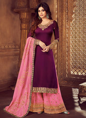 Purple And Pink Embroidered Palazzo Suit