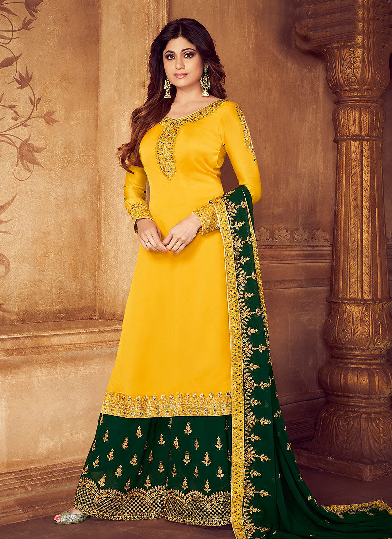 Buy Firozi and Yellow Readymade Designer Suit Online