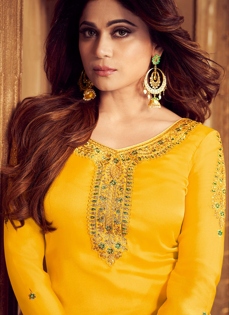 Yellow And Green Embroidered Palazzo Suit