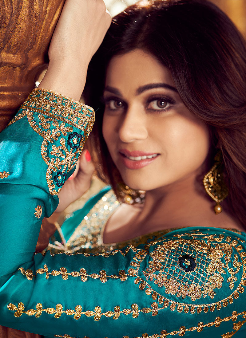 Turquoise And Blue Embroidered Palazzo Suit