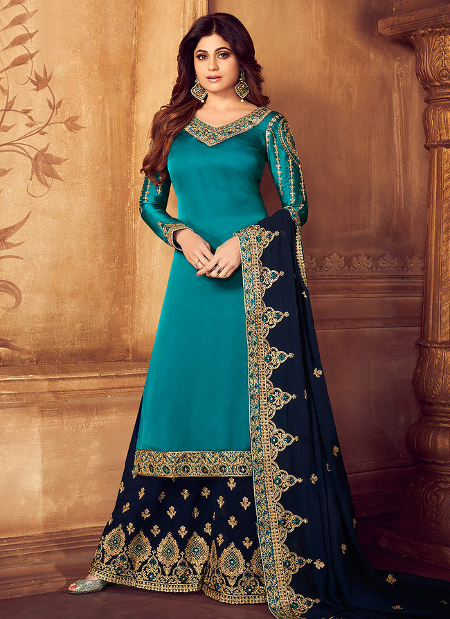 Turquoise And Blue Embroidered Palazzo Suit