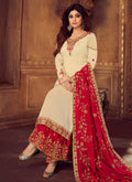 Beige And Crimson Embroidered Palazzo Suit