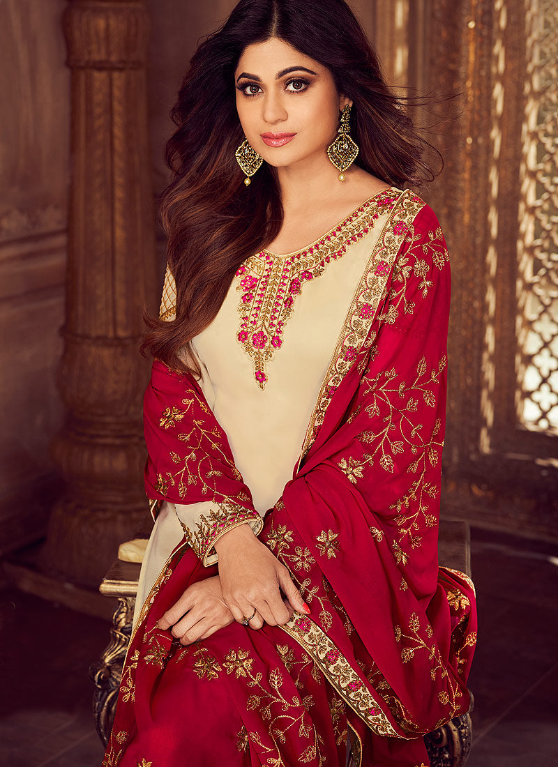 Beige And Crimson Embroidered Palazzo Suit