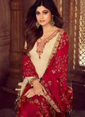 Beige And Crimson Embroidered Palazzo Suit