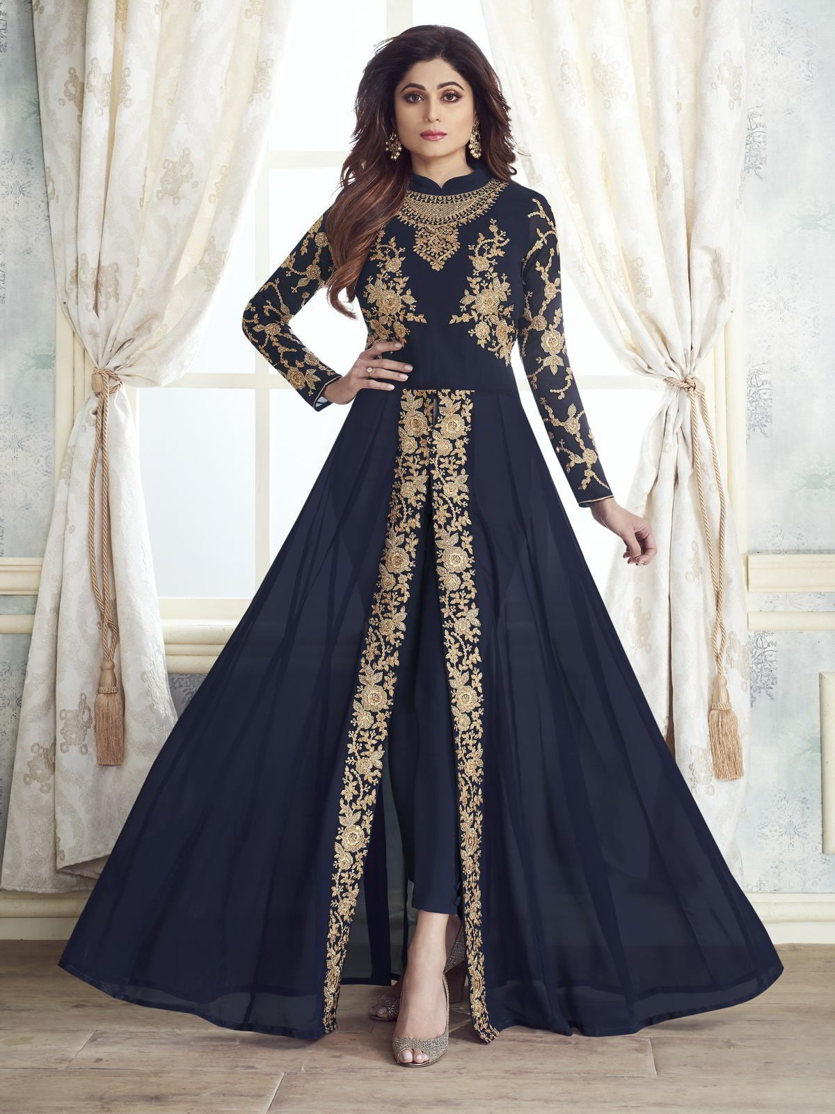 Blue Designer Slit Style Anarkali Pant Suit