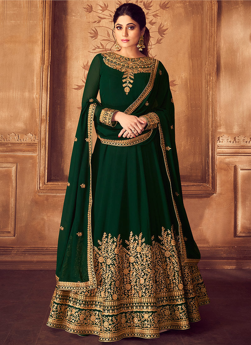 Deep Green Golden Party Wear Anarkali Suit