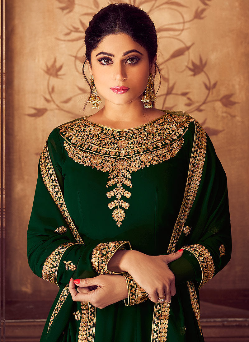Deep Green Golden Party Wear Anarkali Suit