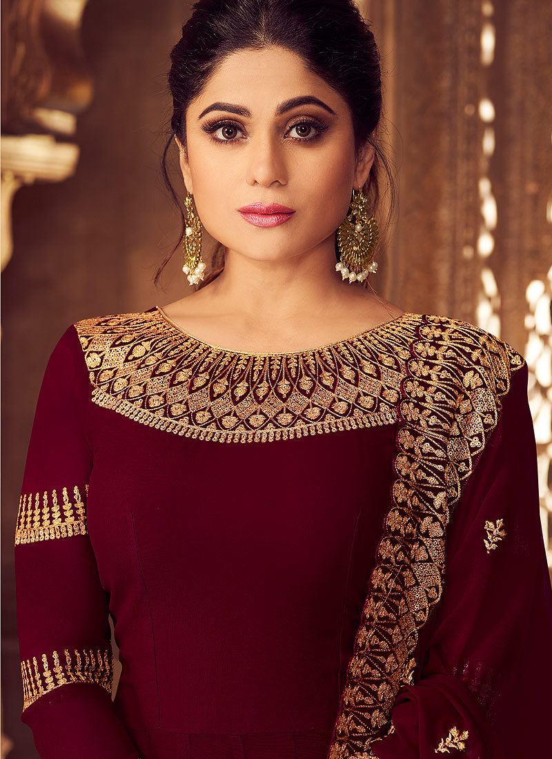 Maroon Golden Party Wear Anarkali Suit