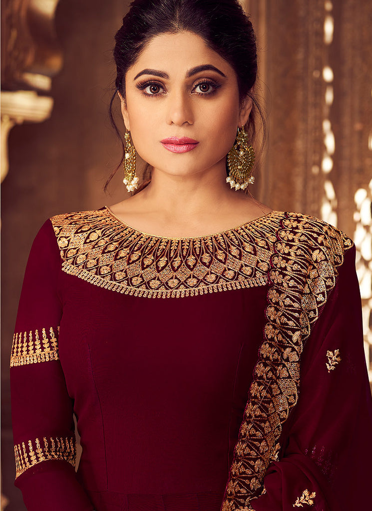 Maroon Golden Party Wear Anarkali Suit
