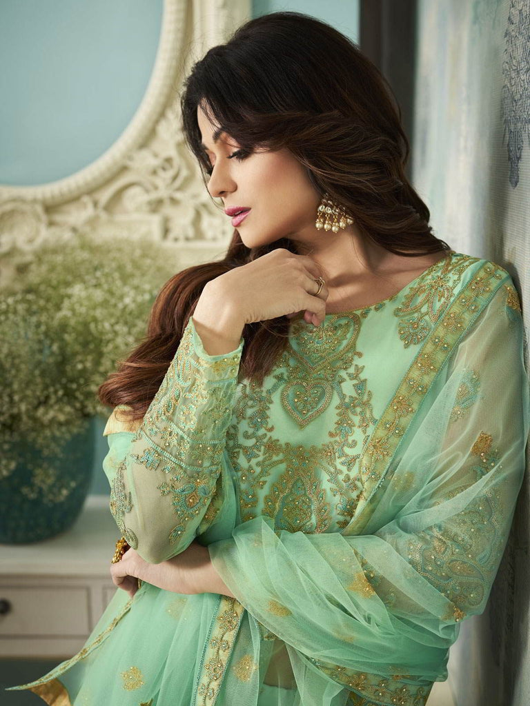 Pista Green Indo Western Wedding Lehenga