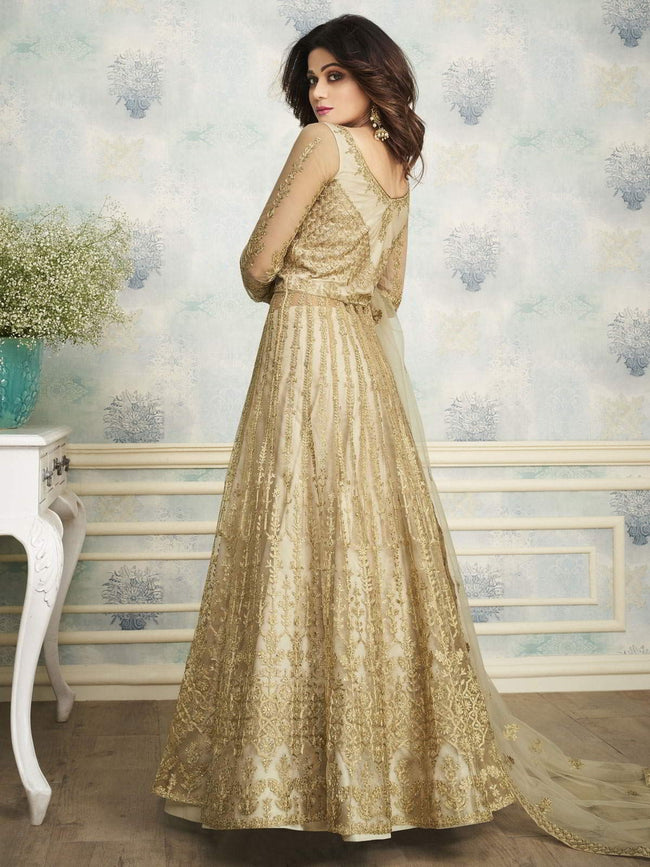 beige net Heavy embellished Wedding Indian Woman reception engagement gown  long anarkali dress 1667, Multii, Large : Buy Online at Best Price in KSA -  Souq is now Amazon.sa: Fashion