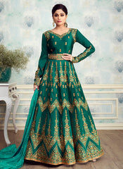 Deep Green Golden Embroidered Silk Anarkali Suit