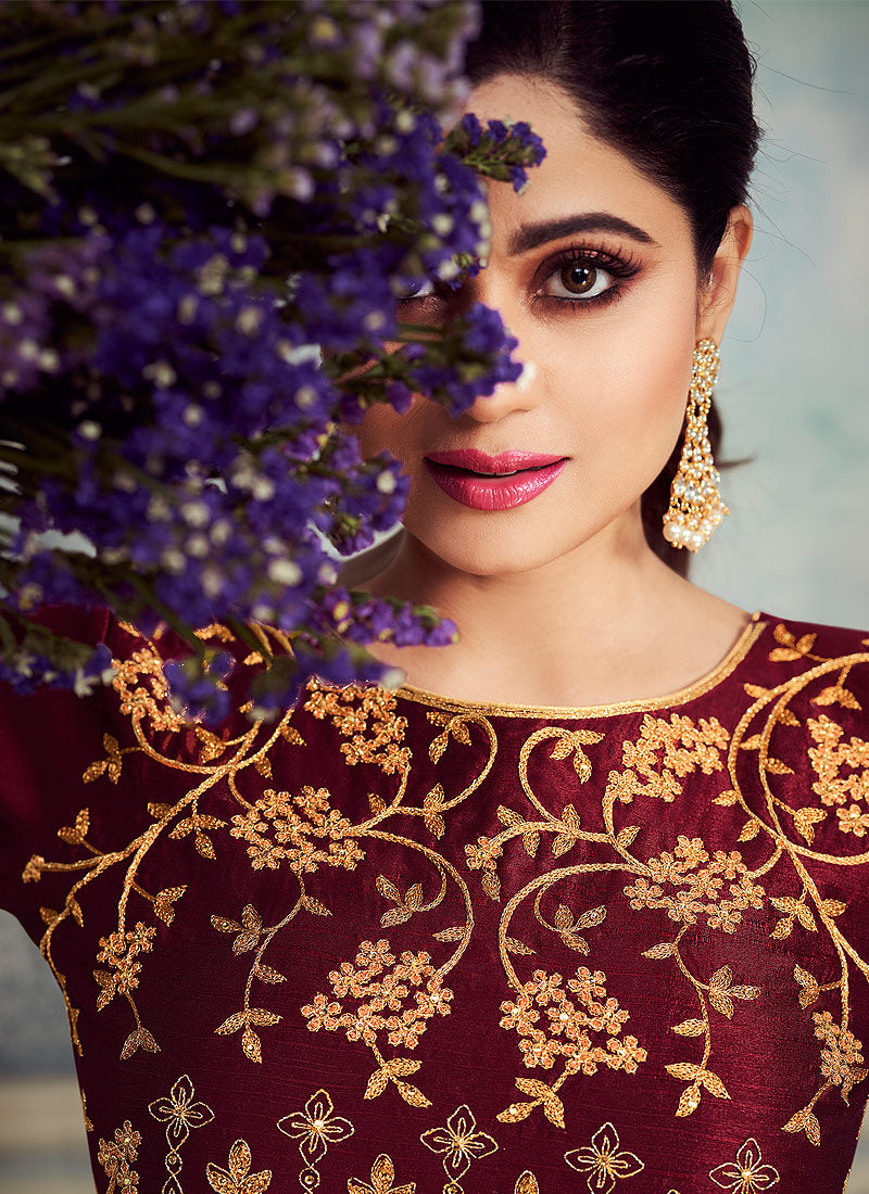 Red Rouge Golden Embroidered Silk Anarkali Suit