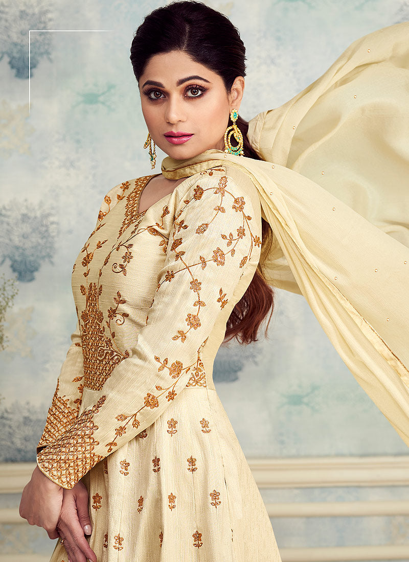 Beige Beauty Golden Embroidered Silk Anarkali Suit