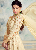 Beige Beauty Golden Embroidered Silk Anarkali Suit