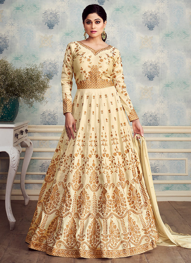 Beige & Off-White Anarkali Kurta with Printed Dupatta