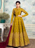 Yellow And Maroon Golden Embroidered Silk Anarkali Suit