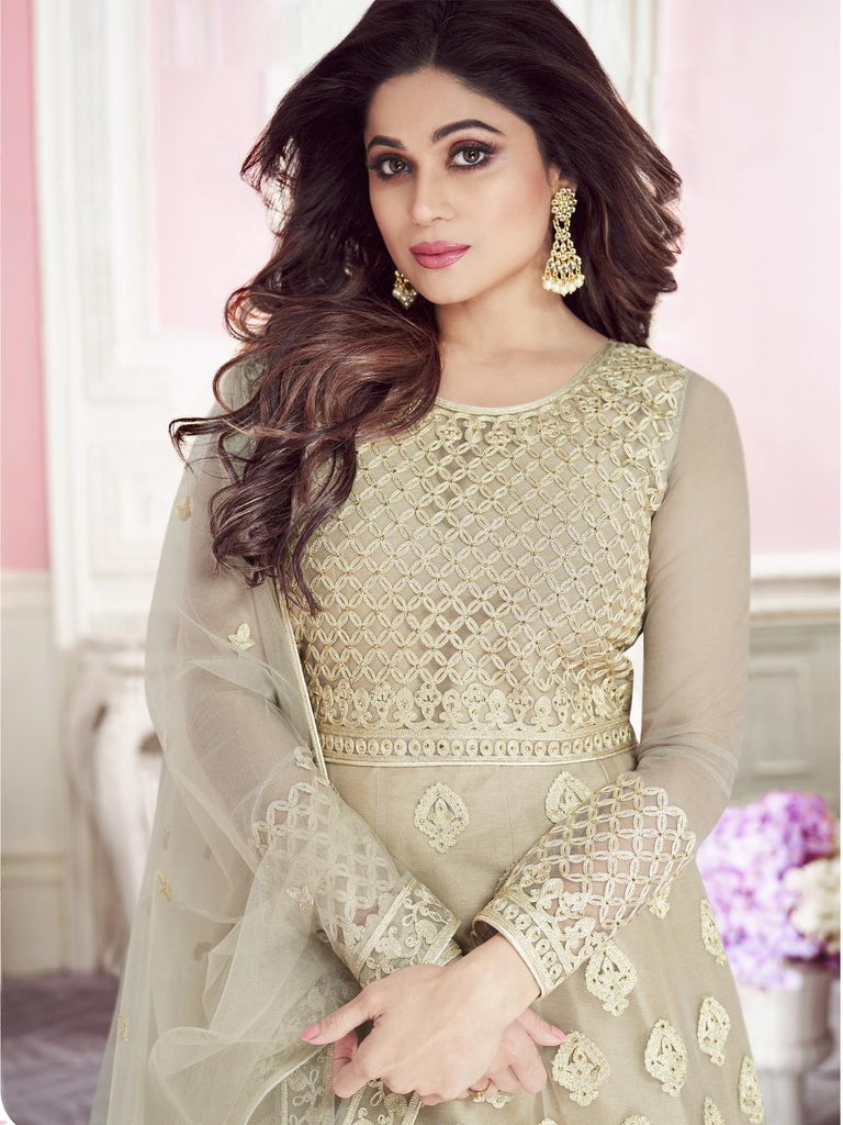 Beige Overall Embroidered Net Anarkali Suit