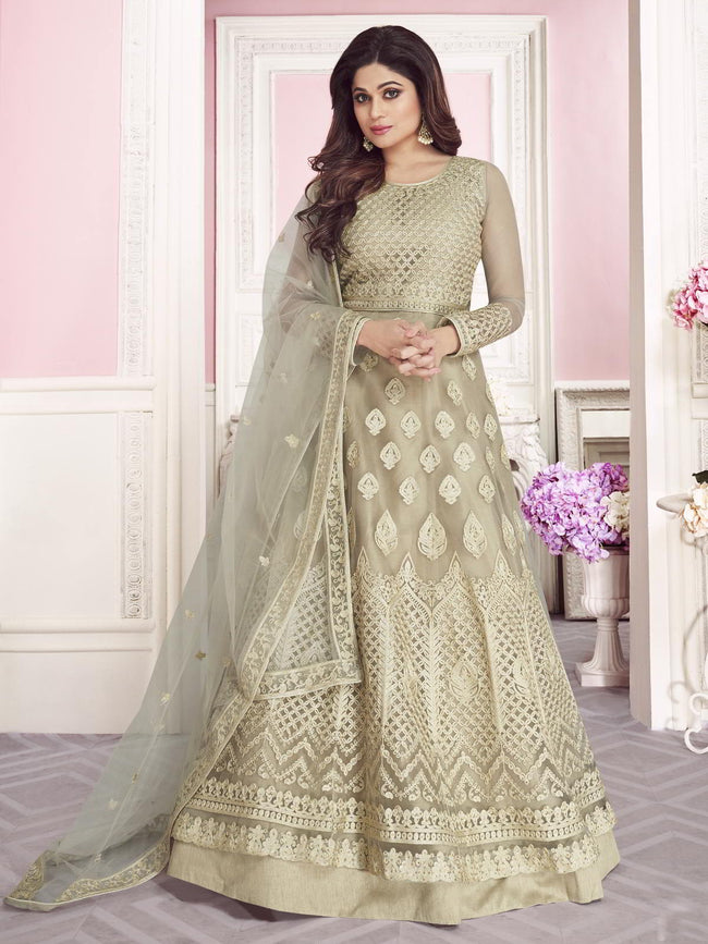 Beige Overall Embroidered Net Anarkali Suit