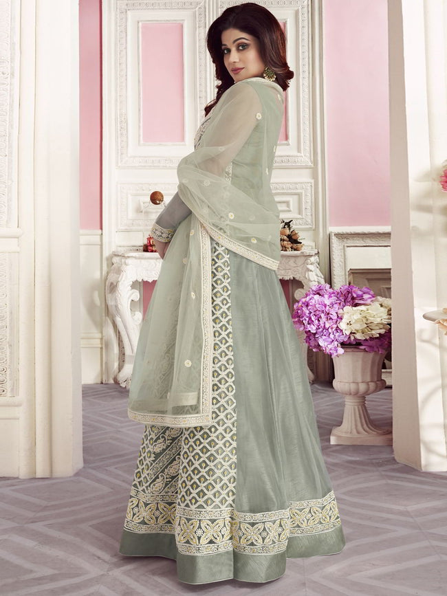 Light Teal Overall Embroidered Net Anarkali Suit