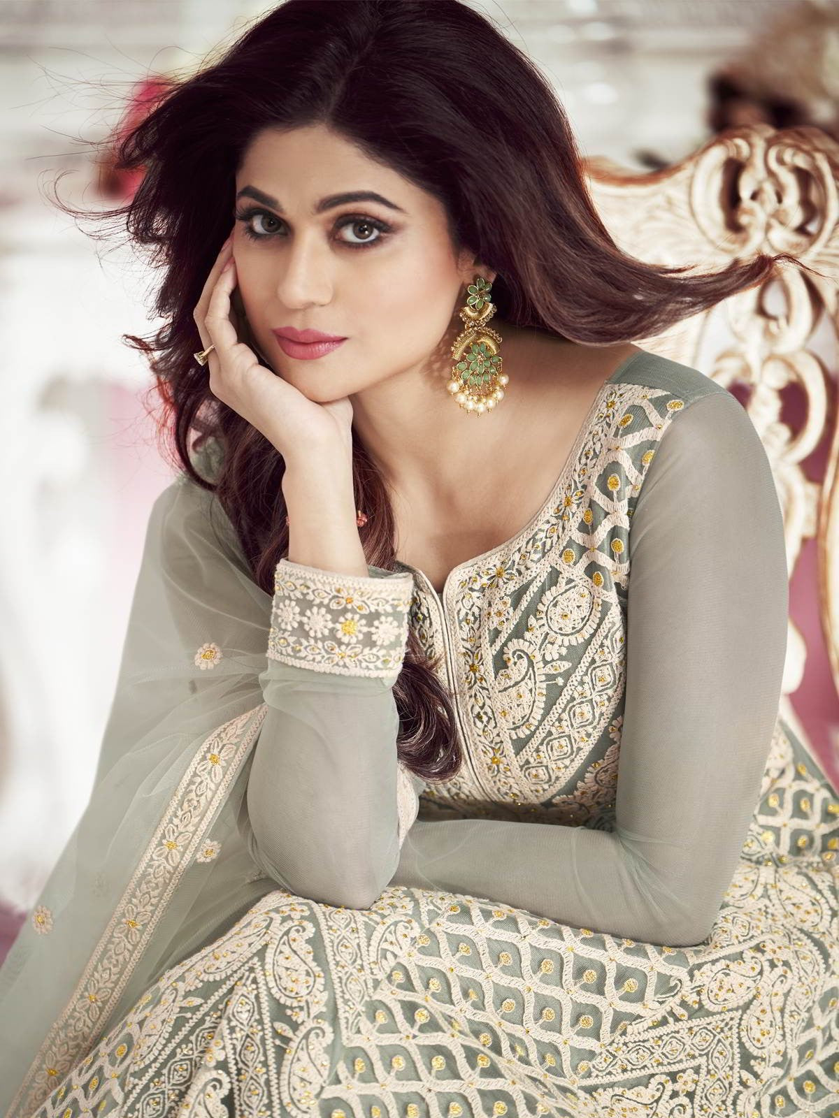 Light Teal Overall Embroidered Net Anarkali Suit