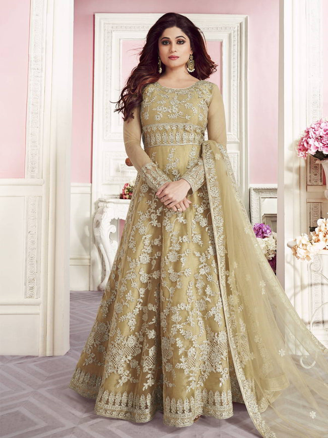 Ochre Yellow Overall Embroidered Net Anarkali Suit