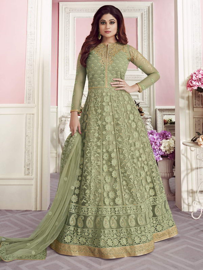 Light Green Overall Embroidered Net Anarkali Suit