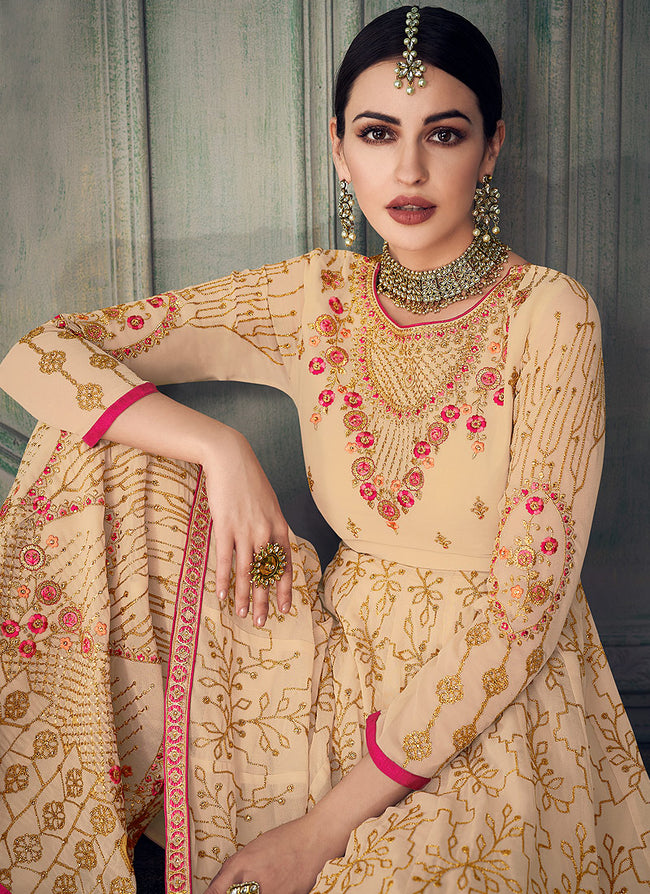 Beige Golden And Pink Anarkali Gharara Suit