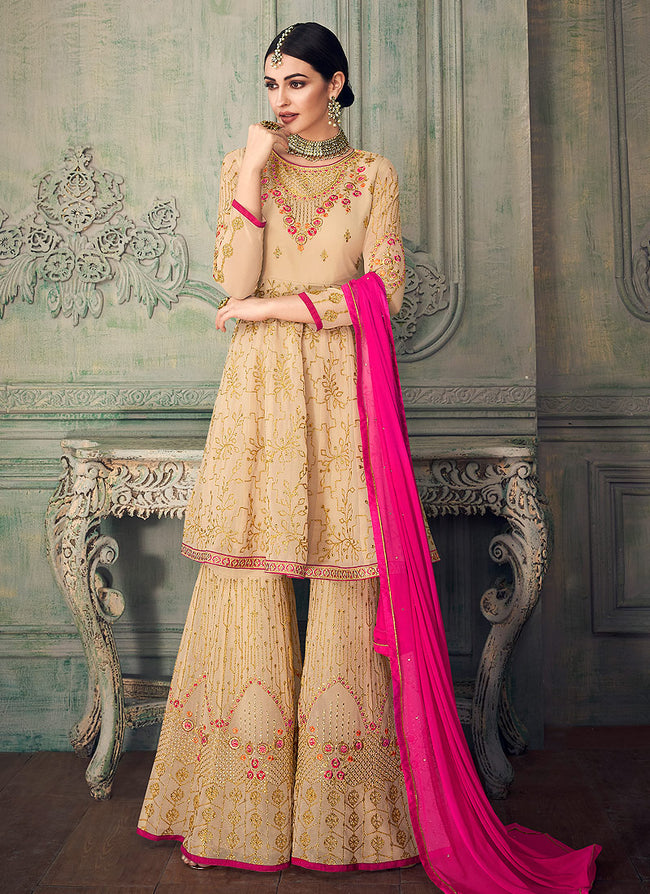 Beige Golden And Pink Anarkali Gharara Suit